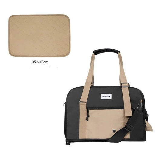 Sac à main souple chien noir et beige avec bandoulière et toile résistante pour les sorties avec votre animal