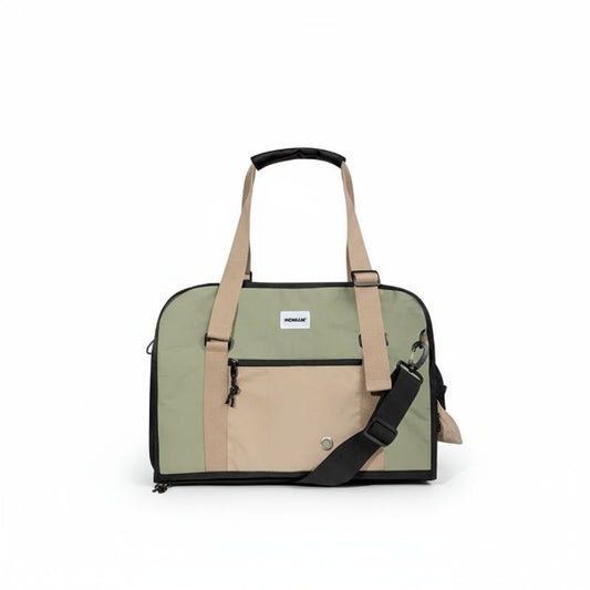 Sac à main souple chien en vert et beige avec poignées et bandoulière ajustable