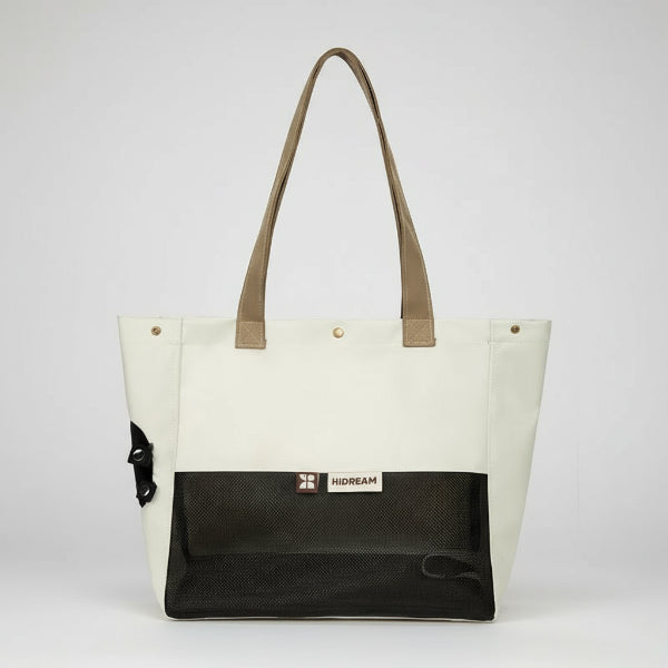 Sac de voyage imperméable chien et chat blanc avec poche en mesh noir et anses marron