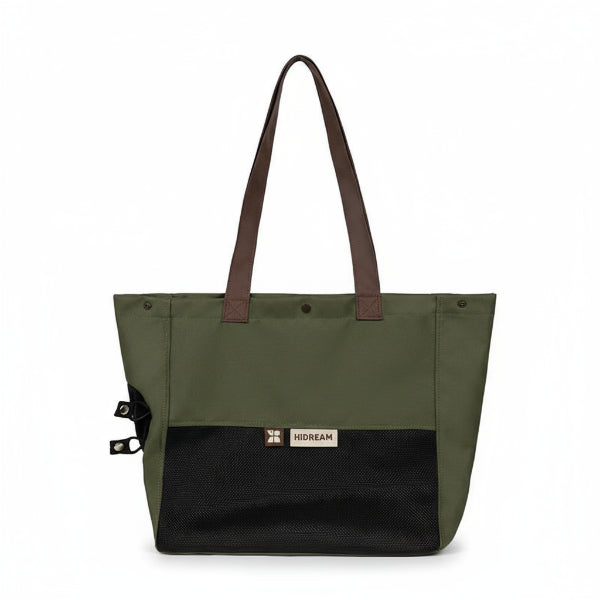 Sac de voyage imperméable chien et chat vert avec grande poche avant et anses marron