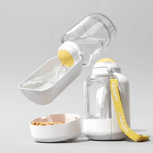 Gourde de voyage pour chien avec réservoir d'eau et compartiment pour nourriture pratique