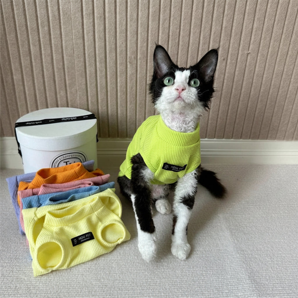 T-shirt pour chat Oscar et Plume en couleur jaune sur un chat noir et blanc avec d'autres t-shirts en arrière-plan