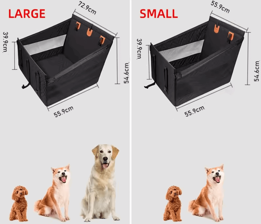 Housse sécurisée auto pour chien en deux tailles Large et Small avec dimensions visibles