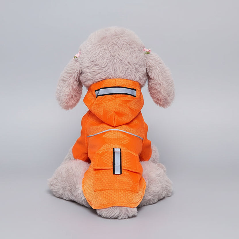 Imperméable pour chien réfléchissant orange avec capuche et détails réfléchissants