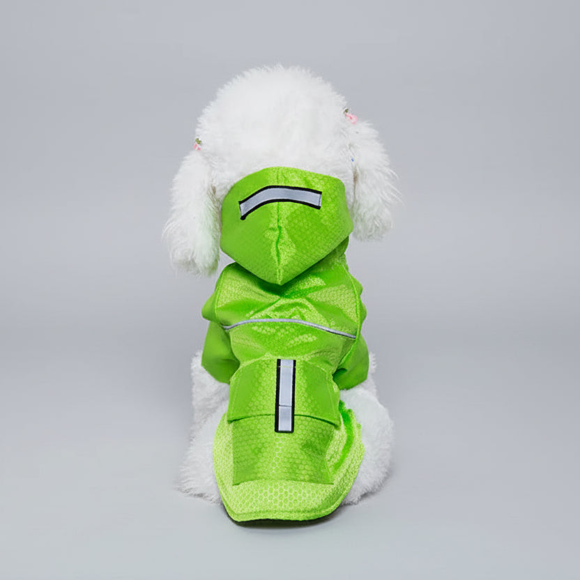 Imperméable pour chien réfléchissant de couleur verte avec capuche et détails réfléchissants