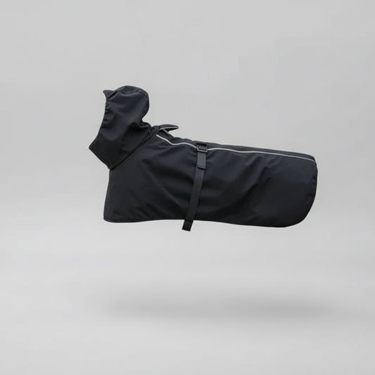 Imperméable confort pour chien noir avec capuche, modèle Oscar et Plume, idéal pour les promenades sous la pluie