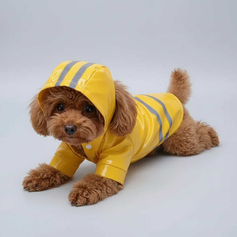 Chien portant un imperméable pour chien avec capuche en jaune avec des rayures grises