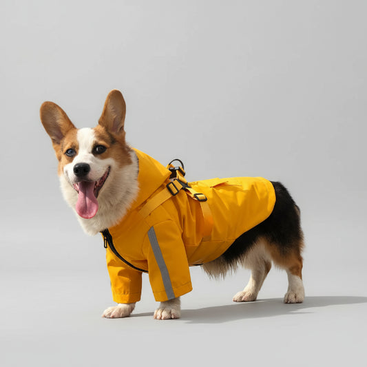 Chien heureux portant un imperméable pour chien avec capuche, couleur jaune, sous la pluie