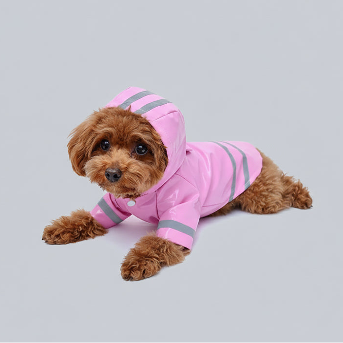 Chien mignon en imperméable pour chien avec capuche rose avec des bandes réfléchissantes