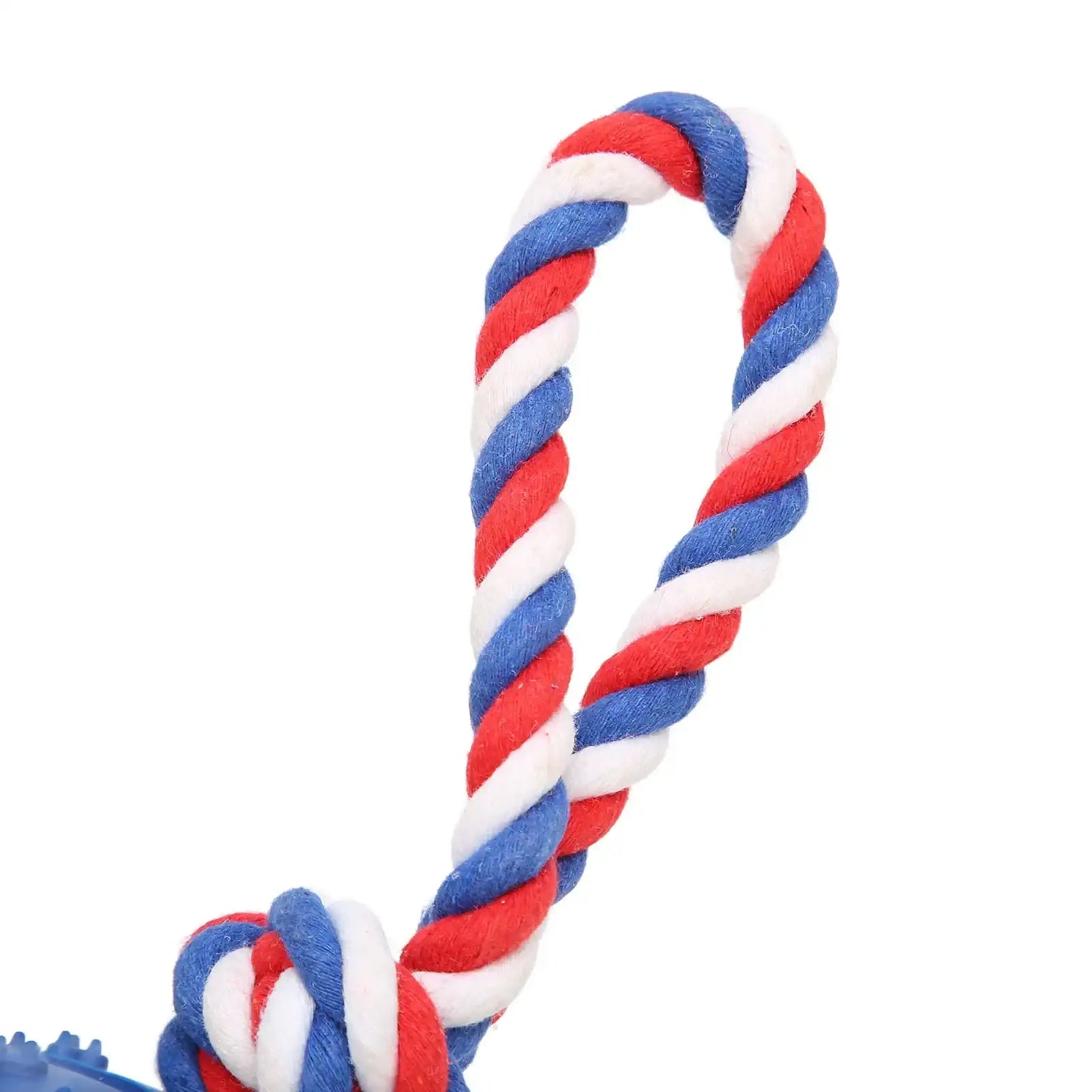 Jouet à lancer pour chien avec corde colorée en bleu, blanc et rouge pour un amusement durable