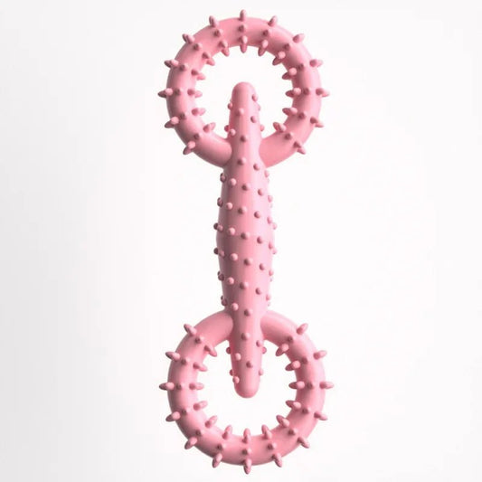 Jouet à mâcher chien rose avec texture à picots pour massage des gencives par Oscar et Plume