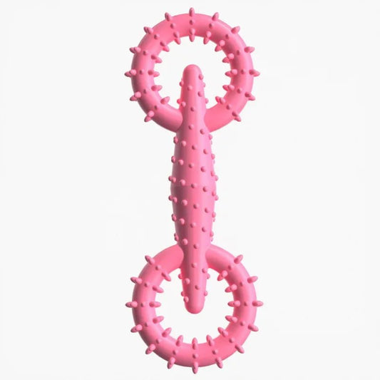 Jouet à mâcher chien Oscar et Plume en caoutchouc rose avec picots pour massage des gencives