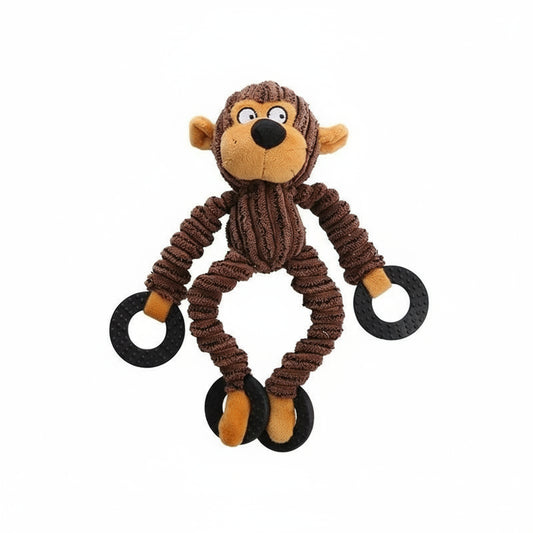 Jouet à mordre pour chien en forme de singe en tissu côtelé marron avec anneaux noirs Oscar et Plume