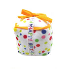 Jouet anniversaire pour chien en forme de cadeau coloré avec nœud orange et pois multicolores