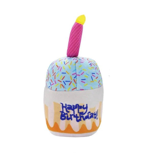 Jouet anniversaire pour chien en peluche forme gâteau avec bougie colorée Oscar et Plume