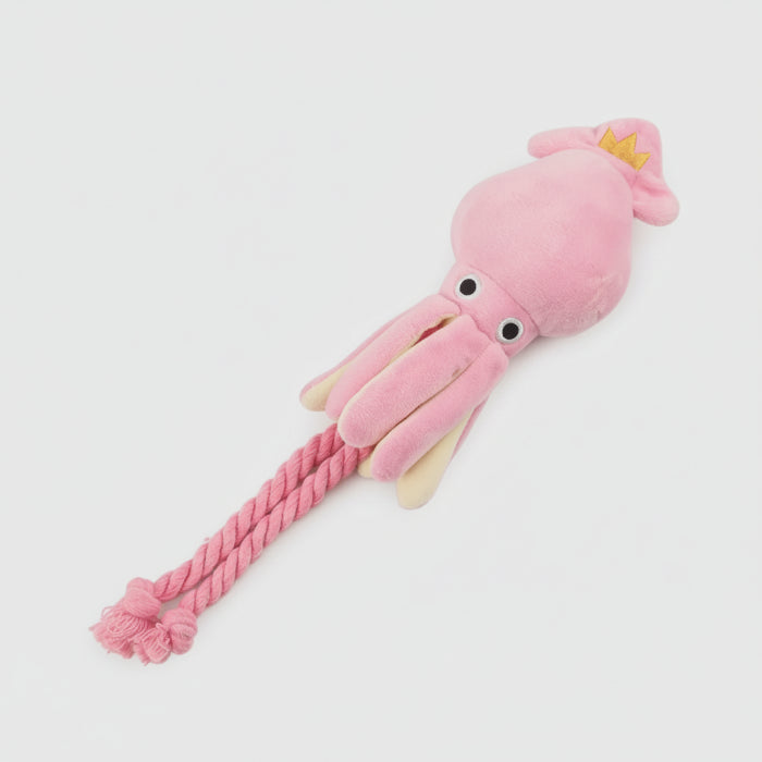 Jouet calamar pour chien en peluche rose avec corde pour le jeu et la mastication