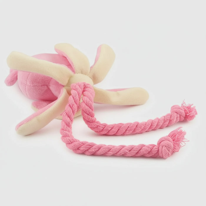 Jouet calamar pour chien en rose avec des bras en peluche et des cordes à tirer