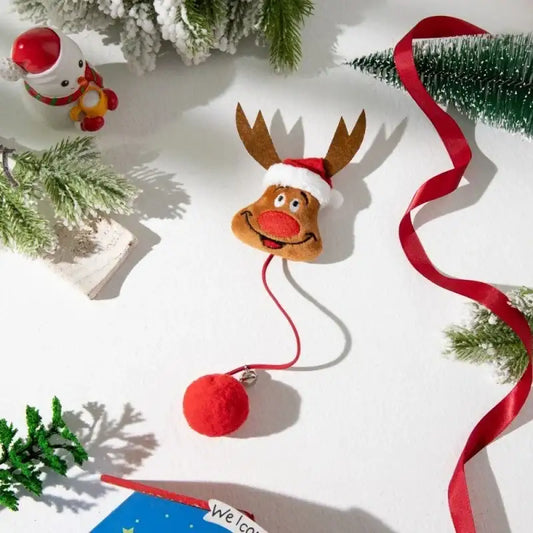 Jouet de Noël pour chat en forme de renne avec clochette et ruban rouge décoratif