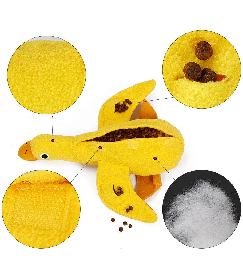 Jouet distributeur de croquettes pour chien en forme de canard jaune avec poche pour friandises