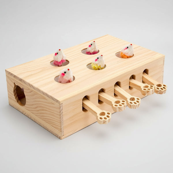Jouet en bois pour chat avec quatre souris colorées et leviers en forme de pattes