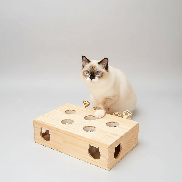 Chat jouant avec un jouet en bois pour chat Oscar et Plume avec trous et souris mobiles