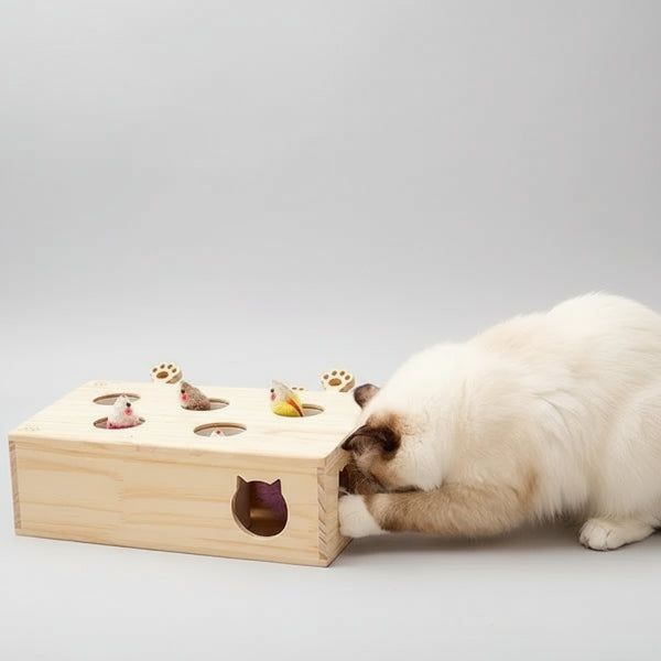 Chat jouant avec un jouet en bois pour chat d'Oscar et Plume dans un intérieur moderne