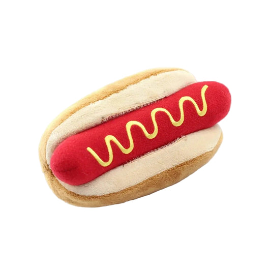 Jouet en peluche pour chien en forme de hot-dog avec saucisse rouge et moutarde jaune