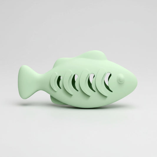 Jouet interactif pour chat en forme de poisson vert pastel avec découpes en forme d'arêtes