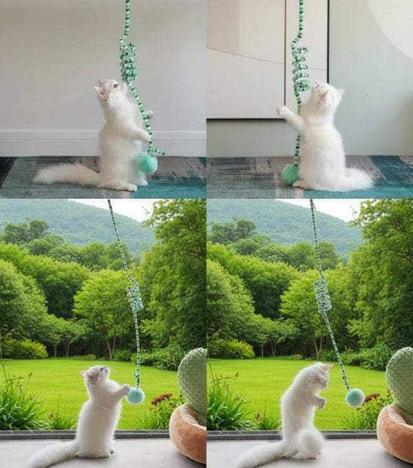 Chat jouant avec un jouet interactif pour chat en ficelle verte avec une pelote de balle
