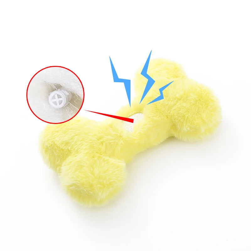Jouet os en peluche pour chien de couleur jaune avec un bruit caché pour amuser votre animal