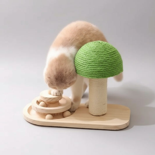 Chat jouant avec un jouet pour chat en bois et sisal Oscar et Plume avec plume verte