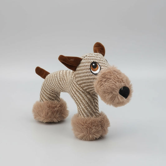 Jouet pour chien en tissu tissé et peluche avec forme de chien marron et beige