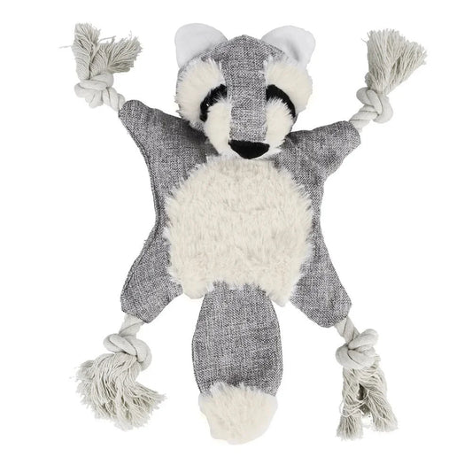 Jouet pour chien en forme de raton laveur avec corde nouée et texture douce gris et blanc