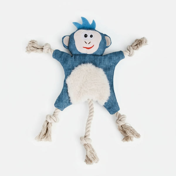 Jouet pour chien Oscar et Plume singe bleu en tissu avec corde et peluche douce