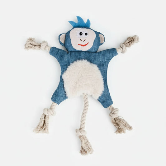 Jouet pour chien Oscar et Plume singe bleu en tissu avec corde et peluche douce