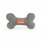 Jouet sonore pour chien en forme d'os gris avec un logo orange de Oscar et Plume