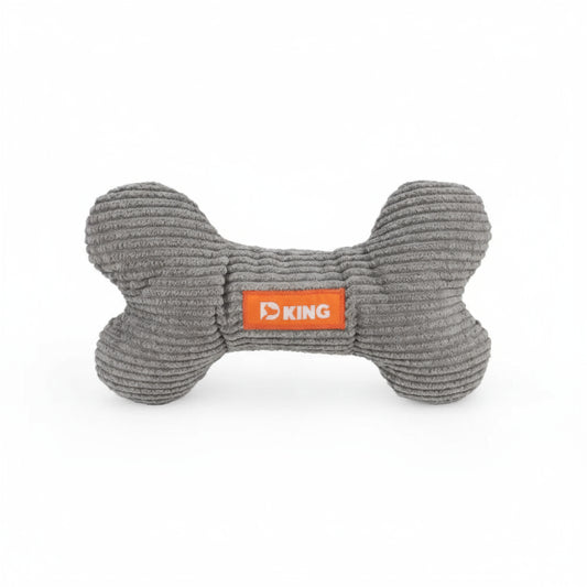 Jouet sonore pour chien en forme d'os gris avec un logo orange de Oscar et Plume