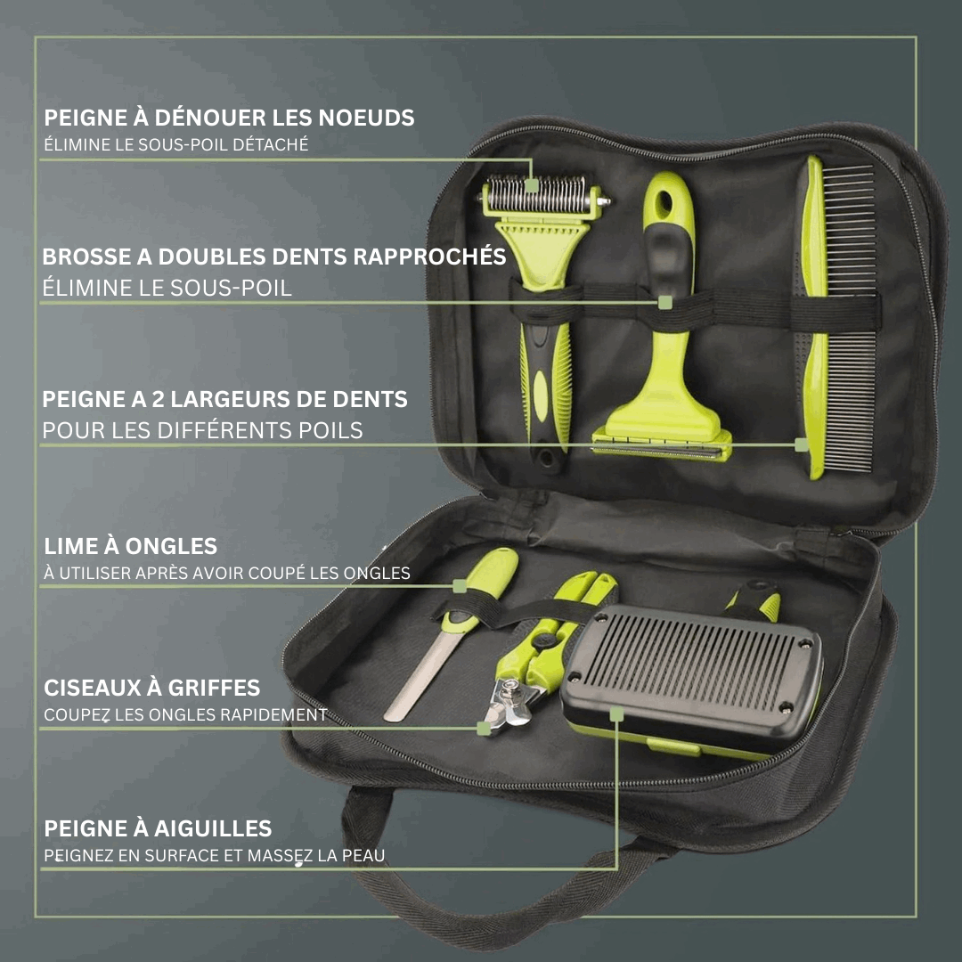 Kit toilettage chien chat Oscar et Plume comprenant peignes, brosse, lime à ongles et ciseaux dans une trousse noire