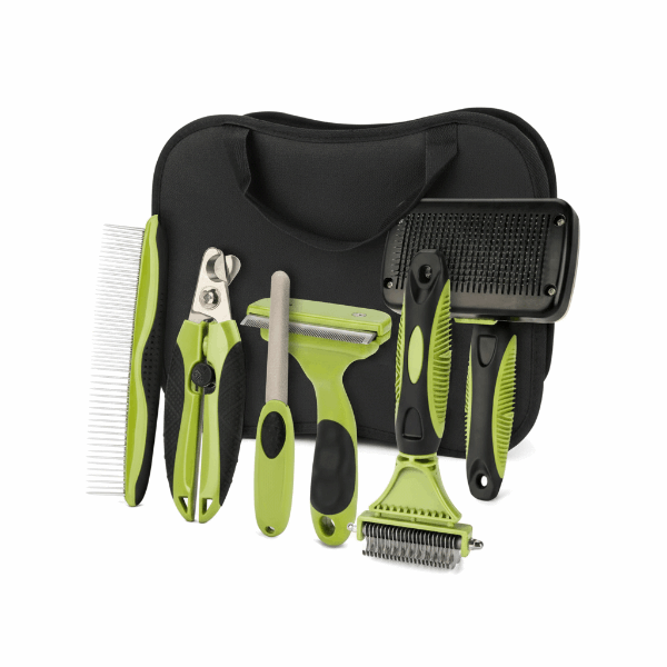 Kit toilettage chien chat complet avec brosse, peigne, coupe-griffes et accessoires verts Oscar et Plume