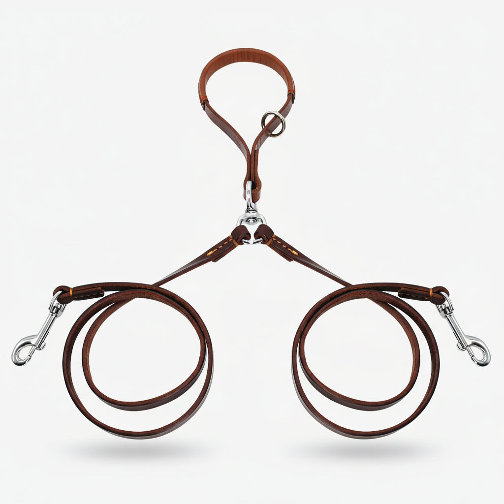 Laisse double pour chien en cuir brun avec mousquetons en métal pour promenades confortables