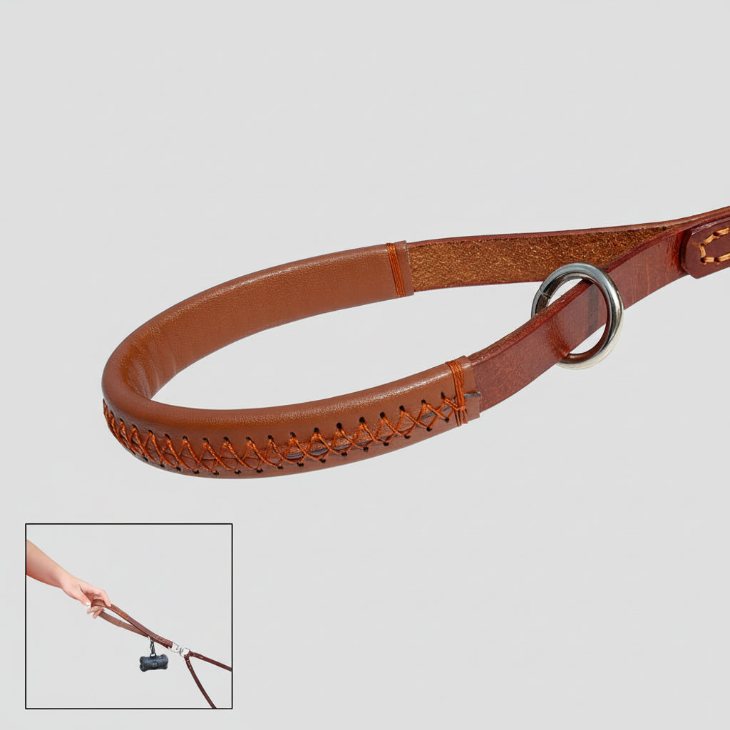 Laisse double pour chien en cuir brun avec tressage élégant et poignée confortable