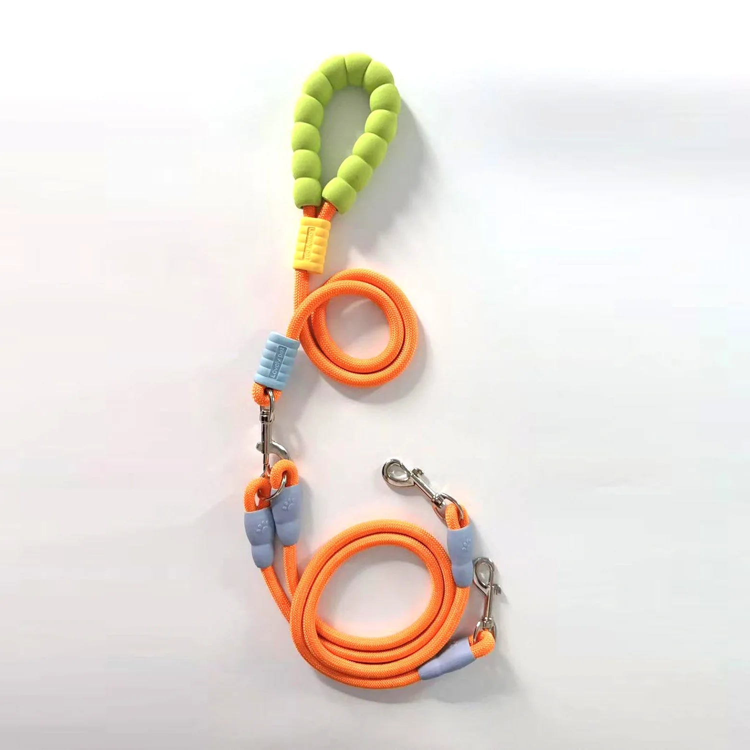 Laisse double pour chien en orange et vert, idéal pour les promenades avec deux chiens