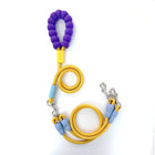 Laisse double pour chien en jaune et violet avec boucle en silicone antidérapante