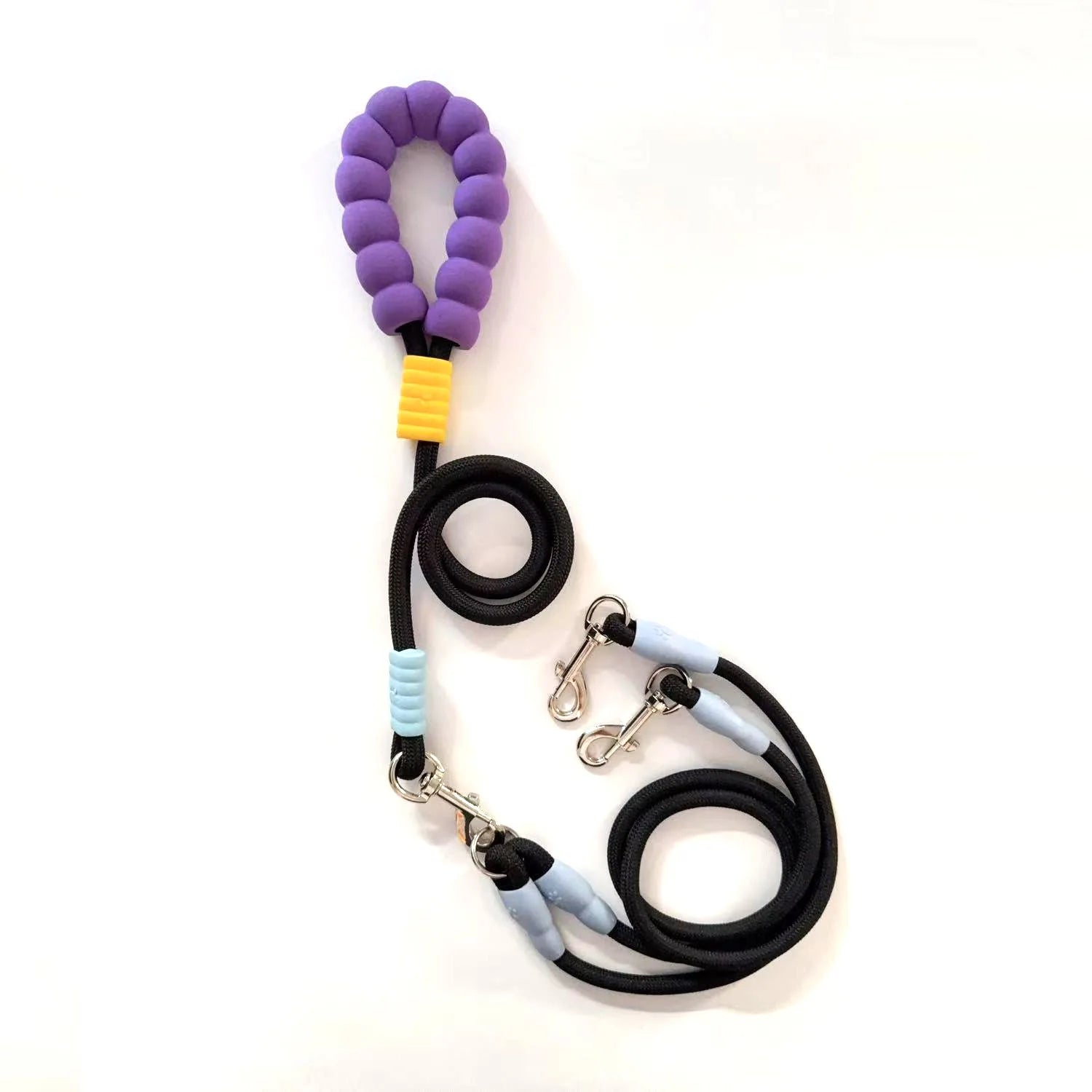 Laisse double pour chien en noir et violet avec poignées ergonomiques et clips robustes