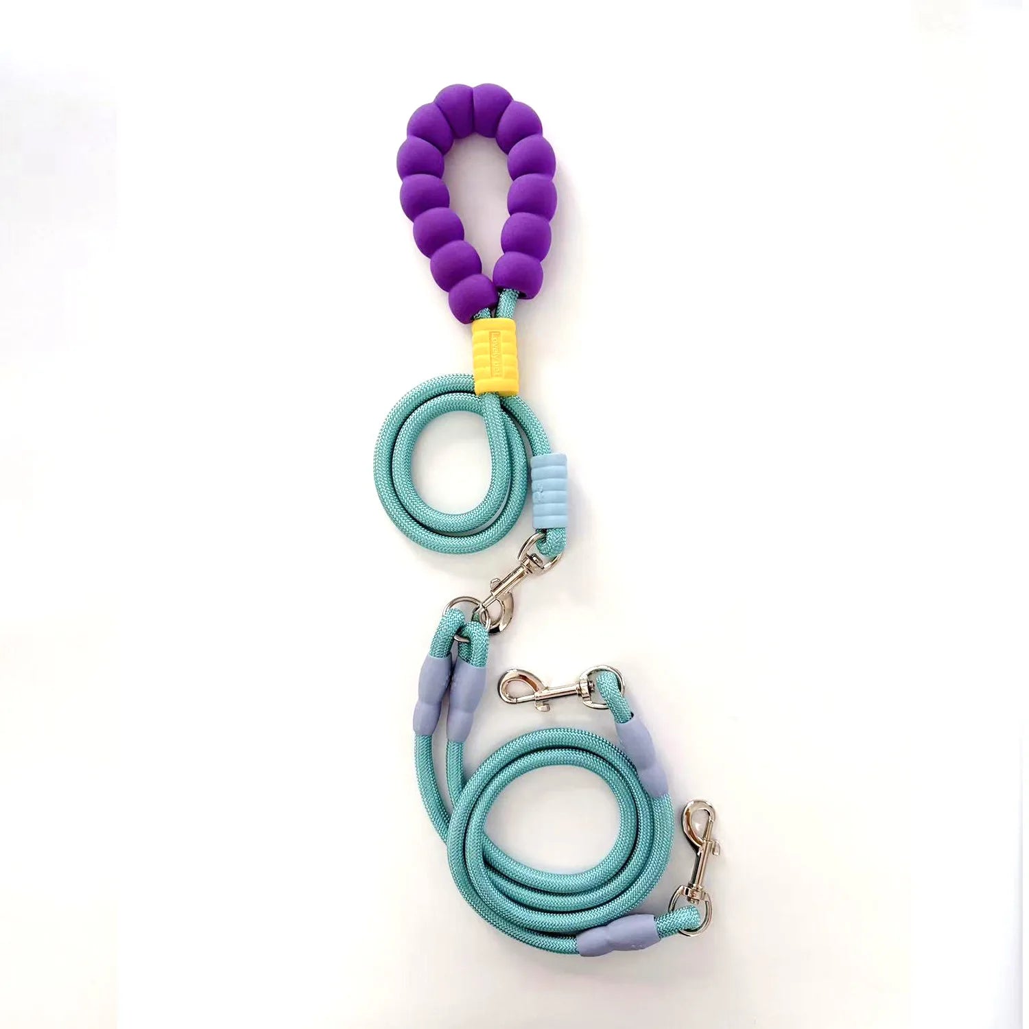 Laisse double pour chien en bleu et violet avec poignées confortables et mousquetons en métal durable