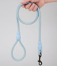 Load image into Gallery viewer, Laisse en nylon pour chien bleu clair avec poignée et mousqueton noir tenue dans une main
