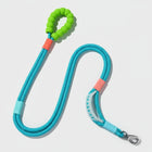 Laisse main libre chien bleue avec poignée verte ergonomique conçue par Oscar et Plume
