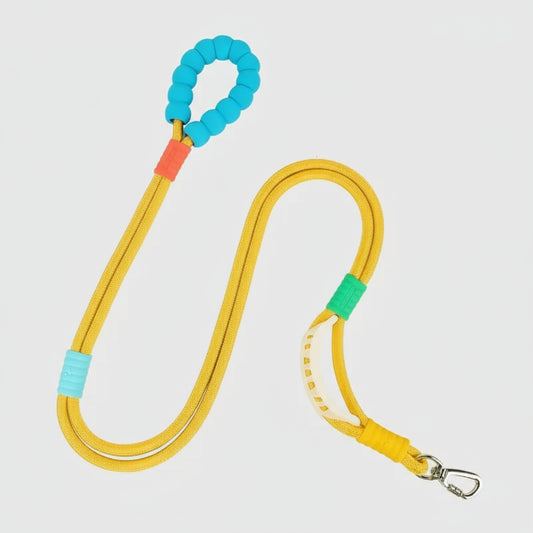 Laisse main libre chien jaune avec poignée rembourrée bleue pour promenade confortable