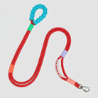 Laisse main libre chien rouge avec poignée en mousse bleue et mousqueton argenté Oscar et Plume