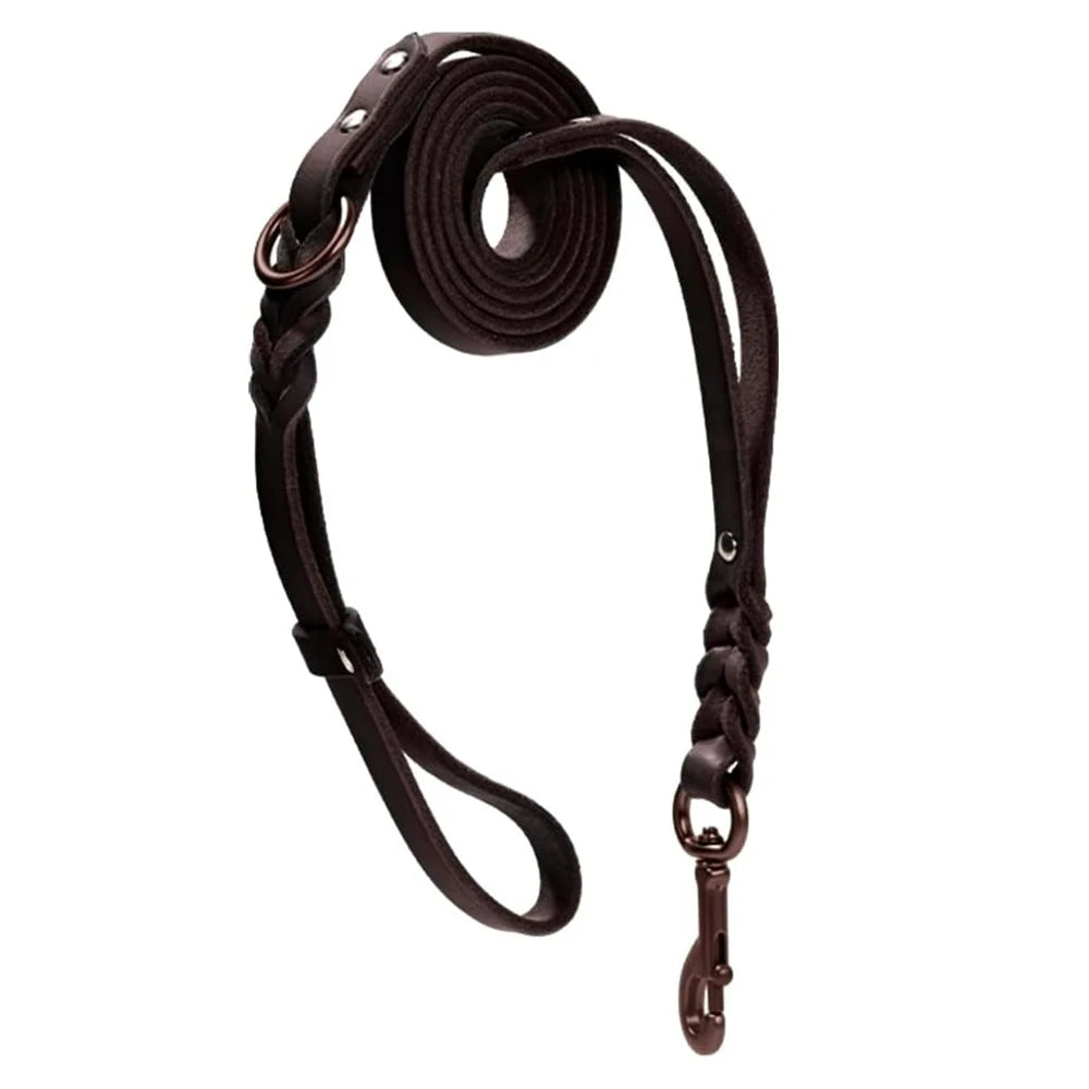 Laisse Pour Chien en cuir brun avec tressage et clip robuste pour promenades confortables